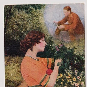 ABSENT (1) Woman thinks of Soldier, Antique BAMFORTH British WW1 Postcard, Song Series 4861/1