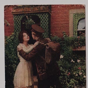 FAREWELL! My Soldier Boy! (2), Soldier says Goodbye to his Sweethheart, Antique BAMFORTH British WW1 Postcard, Songs Series 4886-2