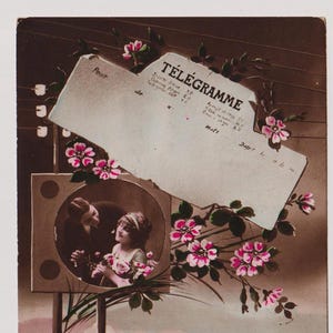 COUPLE et TRAIN À VAPEUR, télégramme, fleurs, A Noyer, vraie carte postale française antique avec photo, c1910s