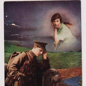There&#39;s a Long,Long TRAIL (1), Soldier in Trench thinks of his Sweethheart, Antique BAMFORTH British WW1 Postcard, Songs Series 4924-1