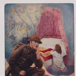 GOD Bless DADDY at War (3), Soldier and little Girl prays at bedtime, Antique BAMFORTH WW1 Postcard, Song Series 4996/3