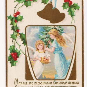 ANGELI, CAMPANE, AGRIFOGLIO, Antica cartolina di Natale della prima guerra mondiale, pubblicata nel 1915