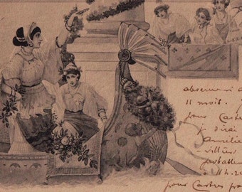 Postal antigua de artista: Damas glamurosas en barco decorado, Viena 1903