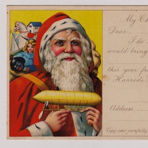 Rara cartolina di Natale antica del 1911: il dirigibile di Babbo Natale, pubblicità per la fiera del giocattolo di Harrods, Richard Burbidge