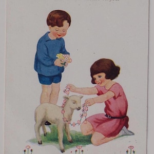 ENFANTS avec AGNEAU DE PÂQUES, Daisy Chain, Carte postale d'artiste ancienne, Inter-Art Comique, Publié en 1925