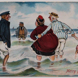 Antike britische Comic-Künstler-Postkarte, 1905, MERRY PADDLERS, Familie genießt die Wellen, Misch & Co.