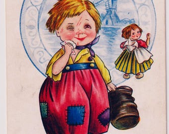 Postcard Netherlands Windmill Merry Christmas and Happy New  Vintage Dutch Children Windmill Christmas Postcard Good Nytt Aar main image 2