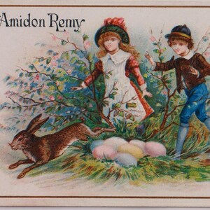 Viktorianische französische Handelswerbung Ephemera / Scrap, c1890, Kaninchen mit Eiern und Kindern, Amidon Remy