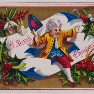 Antieke Victoriaanse kerstkaart/schroot, c1890, man barst door, hulst, prachtig kostuum