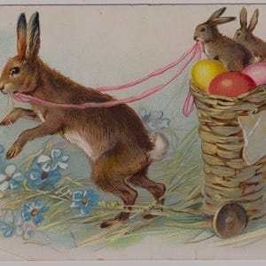 Pubblicità commerciale vittoriana, effimera/scarti, CONIGLIO/LEPRE e uova di Pasqua in un cesto, circa 1890, Heydt's Bakery, St. Louis