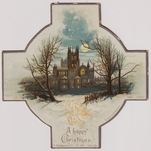Biglietto d'auguri/ritagli/materiale effimero di Natale antico VITTORIANO, CATTEDRALE DI CANTERBURY, S Hildesheimer, c. 1890