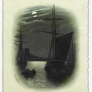 AVOND MET MAANVERLICHTING, ZEILBOTTEN, antieke kerstwenskaart kunstenaar, Julius M Price, Raphael Tuck & Sons, c1900