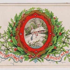 Carte de voeux d'artiste de Noël victorien, vers 1890, COTTAGE NEIGE, houx et gui