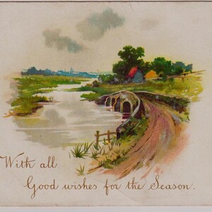 BRIDGE next to RIVER, LANDSCAPE, Victoriaanse kerstwenskaart/schroot/ephemera, jaren 1890, Marcus Ward