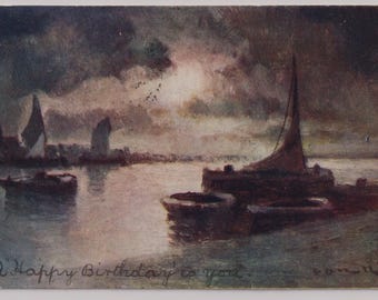 OLD BARGES by Prof. Van Hier, Antique Artist Postcard, Tucks 7156, Posted in 1906