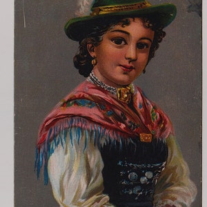 Carte postale ancienne en costume bavarois : jeune femme en tenue traditionnelle, dessinée par un artiste, postée en 1907