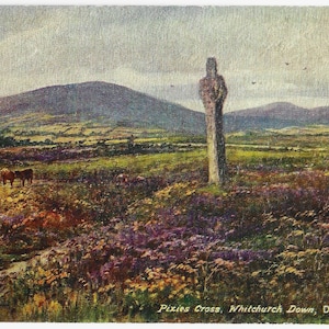 Op de afbeelding: Vintage ansichtkaart met Pixies Cross op Whitchurch Down, Dartmoor. De afbeelding toont een stenen kruis in een veld met paarse en gele bloemen, met heuvels en een bewolkte lucht. Drie paarden grazen in de verte. De ansichtkaart heeft een vervaagde, verouderde uitstraling.