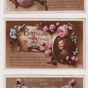 Doux petits enfants, mode, fleurs, vraies cartes postales d'anniversaire anciennes avec photo, lot de 3, années 1910