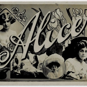 Attrici edoardiane, "ALICE", cartolina fotografica antica, Rapid Photo, pubblicata nel 1905