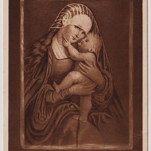 Immagine di preghiera antica, MADONNA CON BAMBINO, dipinto su una ragnatela, Cappella della Madonna nella Cattedrale di Chester, c. 1920