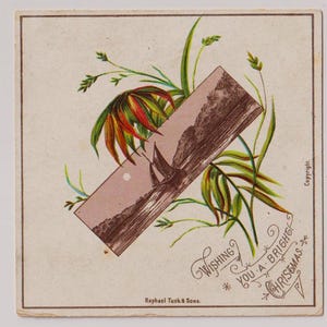 SEGELBOOT, Palmwedel, schöne viktorianische WEIHNACHTSGRÜSSE Ephemera / Scrap, Raphael Tuck and Sons, c1890s