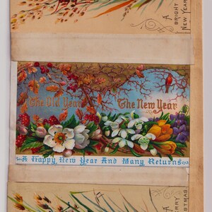 Fleurs, insectes, oiseaux, nouvel an, page de scrapbooking, carte de voeux victorienne/éphémère/scrapbooking, c1880-90