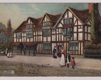 CASA DE SHAKESPEARE, Stratford-on-Avon, postal antigua del artista, M. Ettlinger, publicada en 1909