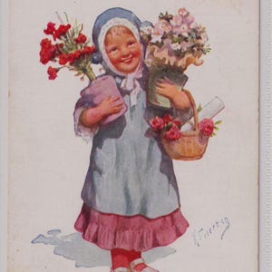 BAMBINA CON FIORI IN DONO, cartolina d'artista antica, Karl FEIERTAG, C W Faulkner, c1910