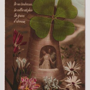 Le Moulin de Bonheur, MULINO A VENTO e TRIFOGLIO, Soldato e donna francesi, Antica cartolina francese della prima guerra mondiale, Messaggio in francese datato 1918