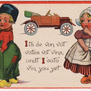 Antike 1913 Künstler Postkarte, Kinder und altes Auto, Solomon Bros, hergestellt in den USA, BALBOA 1 Cent Briefmarke