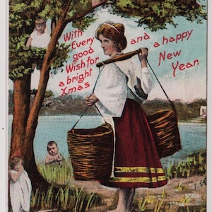 Antica cartolina di Natale fantasy, c. 1910, DONNA che porta acqua e BAMBINI MULTIPLI