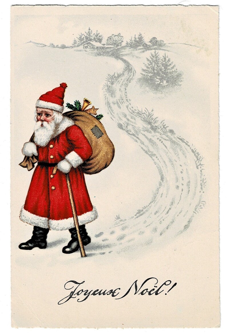 Santa Father Christmas Coming Down Snowy Road C1930s Joyeux Noel Vintage Christmas Postcard Memorabilia Art Collectibles Puhlsphotography Com