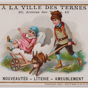 Carta commerciale francese vittoriana, circa 1890, Bambini con uovo, carriola e lepre/coniglio, La Ville des Ternes