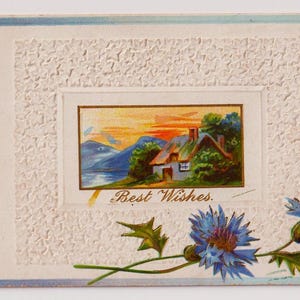 KORENBLOEMEN, COTTAGE in the SUNSET, antieke edwardiaanse nieuwjaarskaart/schroot/ephemera, jaren 1900
