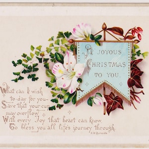 Victoriaanse kerst Britse kunstenaar wenskaart/schroot, BLOEMEN, klimop en maagdenhaar varen, windmolen, c1890