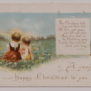 Kleine Mädchen auf der Wiese mit BLUMEN, Künstler: J Pauline SUNTER, entzückende viktorianische Weihnachtsephemera / Karte, c1890er Jahre, Raphael Tuck