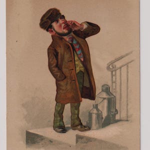 MILKMAN, bezorgen tot aan de deur, L PRANG, Boston, 1883, Victoriaanse nieuwjaarswenskaart/Ephemera