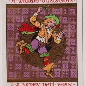 Antieke Victoriaanse kerstkaart/schroot, c1890, man met maretak, prachtig kostuum