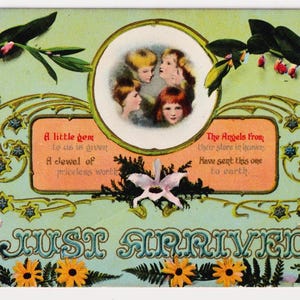 ARRIVÉE DE BÉBÉ, ANGES, Fleurs, Carte postale ancienne, A & G Taylor, Affiché en 1914
