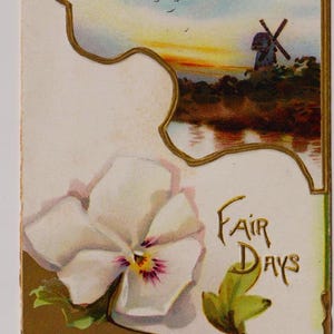 WINDMÜHLE und Sonnenuntergang, PANSY, Antique Edwardian Künstler Weihnachten Schrott / Karte / Ephemera, Raphael Tuck, c1900s