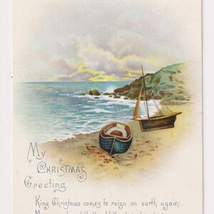 ZEILBOTTEN, KUST, ZEE, Victoriaanse kerstkaart/schroot/ephemera, Victoriaanse kunstenaar, 1893