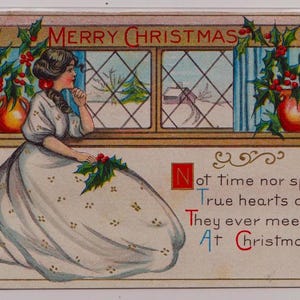 Ancienne carte postale de Noël d'artiste, joyeux Noël, jeune femme regarde par la fenêtre, Solomon Bros, c1910