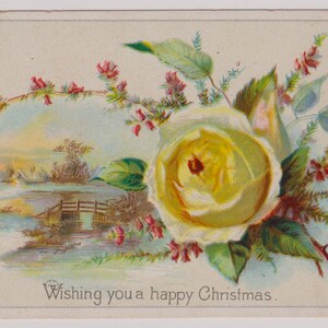 Antieke Victoriaanse kunstenaar kerstwenskaart/schroot, GELE roos en landschap met brug, jaren 1890