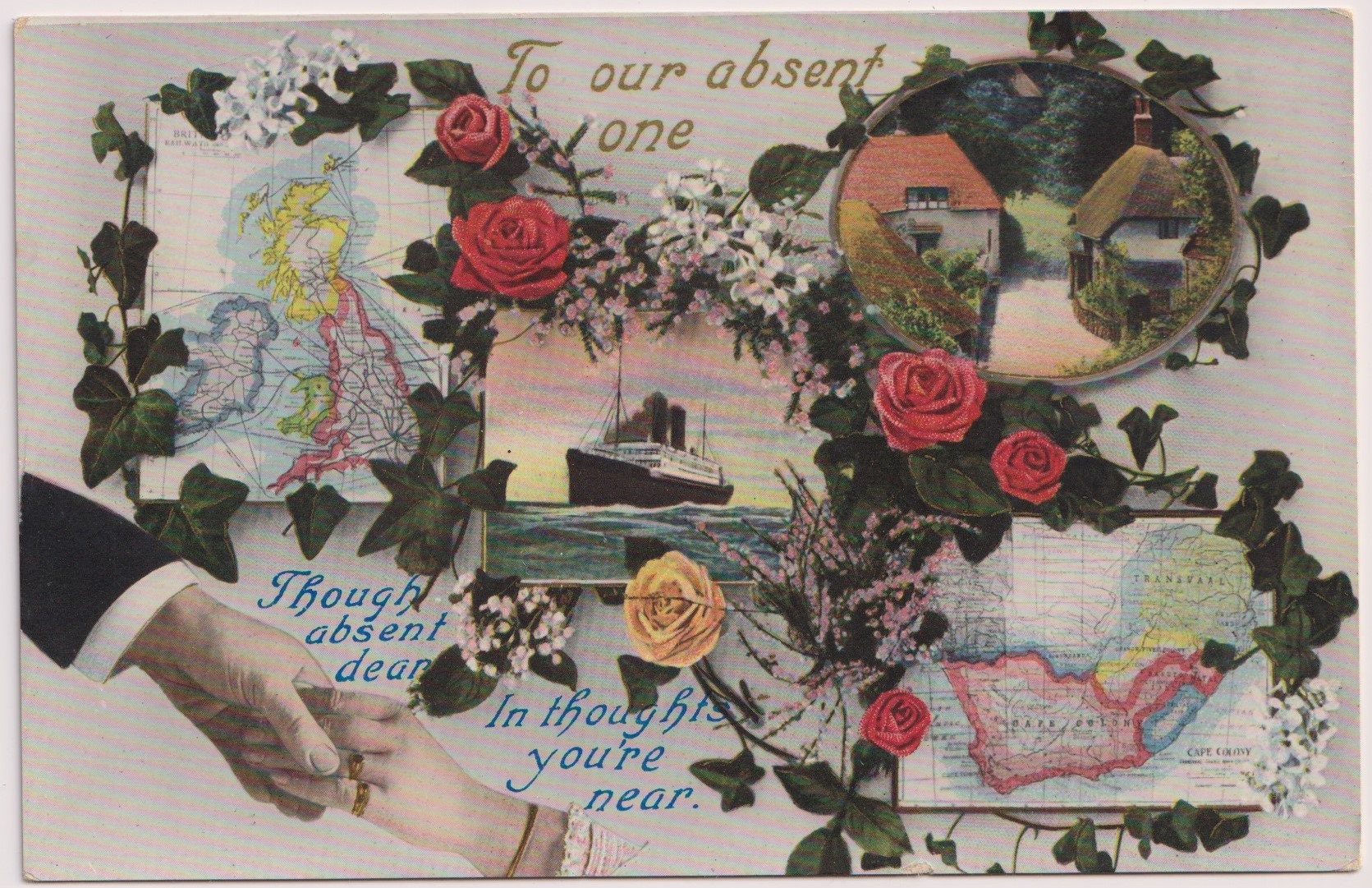 Collectibles SHIP Roses MAPS Clasping HANDS c1910 Vintage Postcard Art