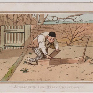 Prachtige Victoriaanse kunstenaarskerstkaart/-schroot, "Forcing the Lid", GARDENER forcering RABARB, jaren 1890