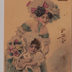 FEMME et ENFANT, BOUQUETS, Belles modes, Carte postale d'artiste ancienne, M M, Vienne, Posté 1901