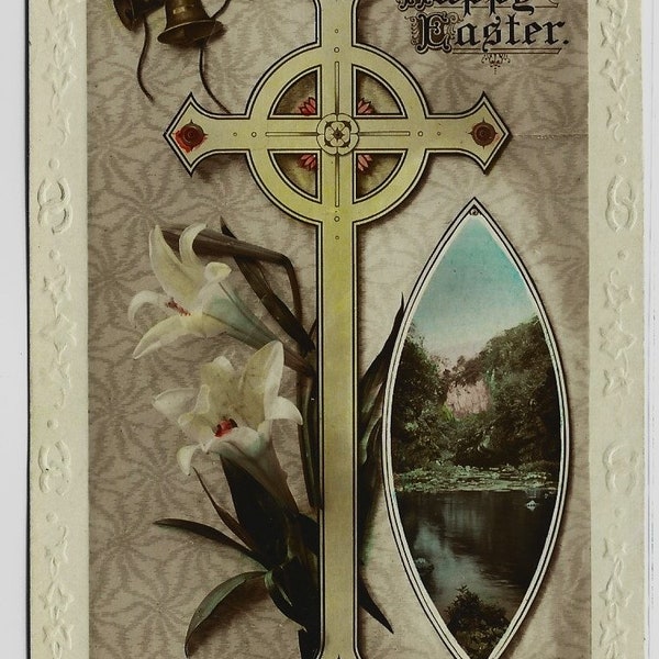 CROSS, LILIES, Vintage EASTER Real Photo Postcard, Rotary, c1920