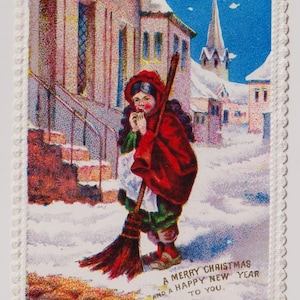 FILLE balayée, balai, neige froide, bordure en dentelle, carte de voeux de Noël victorienne/éphémère, c1880