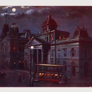 CAPE TOWN STANDARD Bank und G.P.O., Nachtansicht mit Vollmond, Tram, Antike südafrikanische Postkarte, Geschrieben 1904