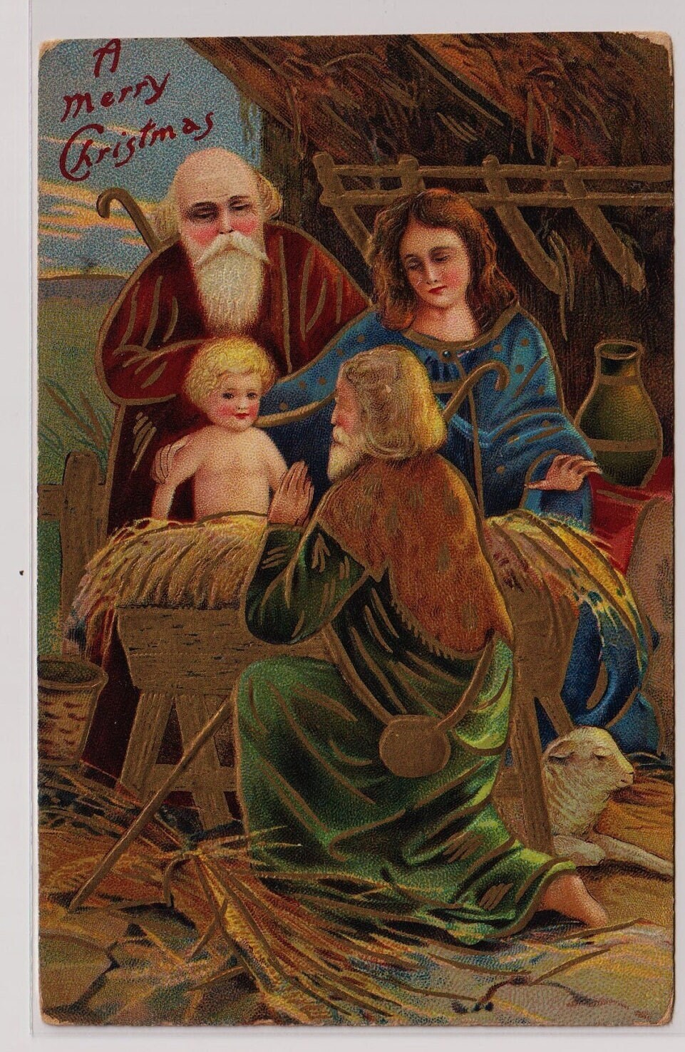 キリスト降誕、聖家族、羊飼い、子羊、アンティーククリスマスエンボス
